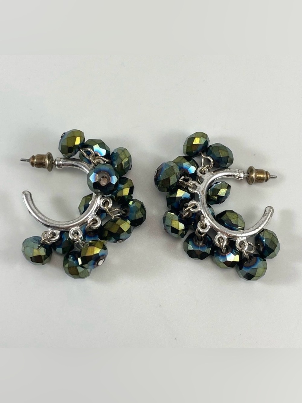 Silver Tone Green Glass Beaded Hoop Earrings Faceted Statement Elegant Evening